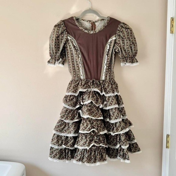 Vintage chocolate brown floral square dance dress XS prairie puff sleeve pink