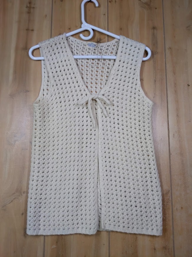 VTG 70s Handmade Crochet Vest Cream Virgin Turbo Acrylic Orlon SM Hippie