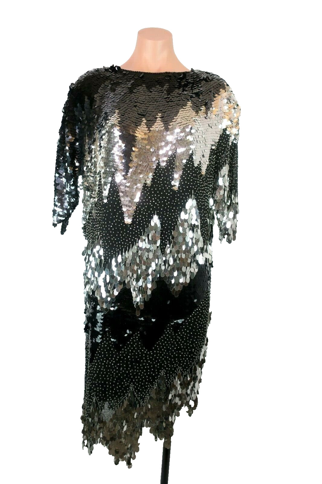 SHOMAX SHO MAX Fringe VTG 80s Black SEQUIN BEADED Trophy Wife GOWN Maxi DRESS M