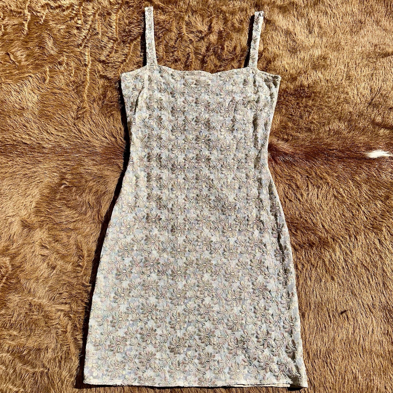 Vintage 80s 90s Bonnie Strauss Sheer Floral Dress Y2K USA Cute Lace Disco Fairy