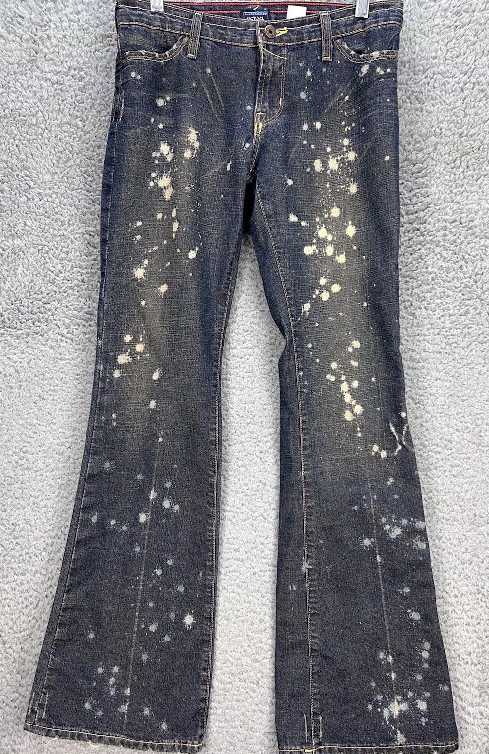 Vtg Y2K Von Dutch Ultra Low Rise Flare Jeans Sz 27 KustomMade Bleach Splatter