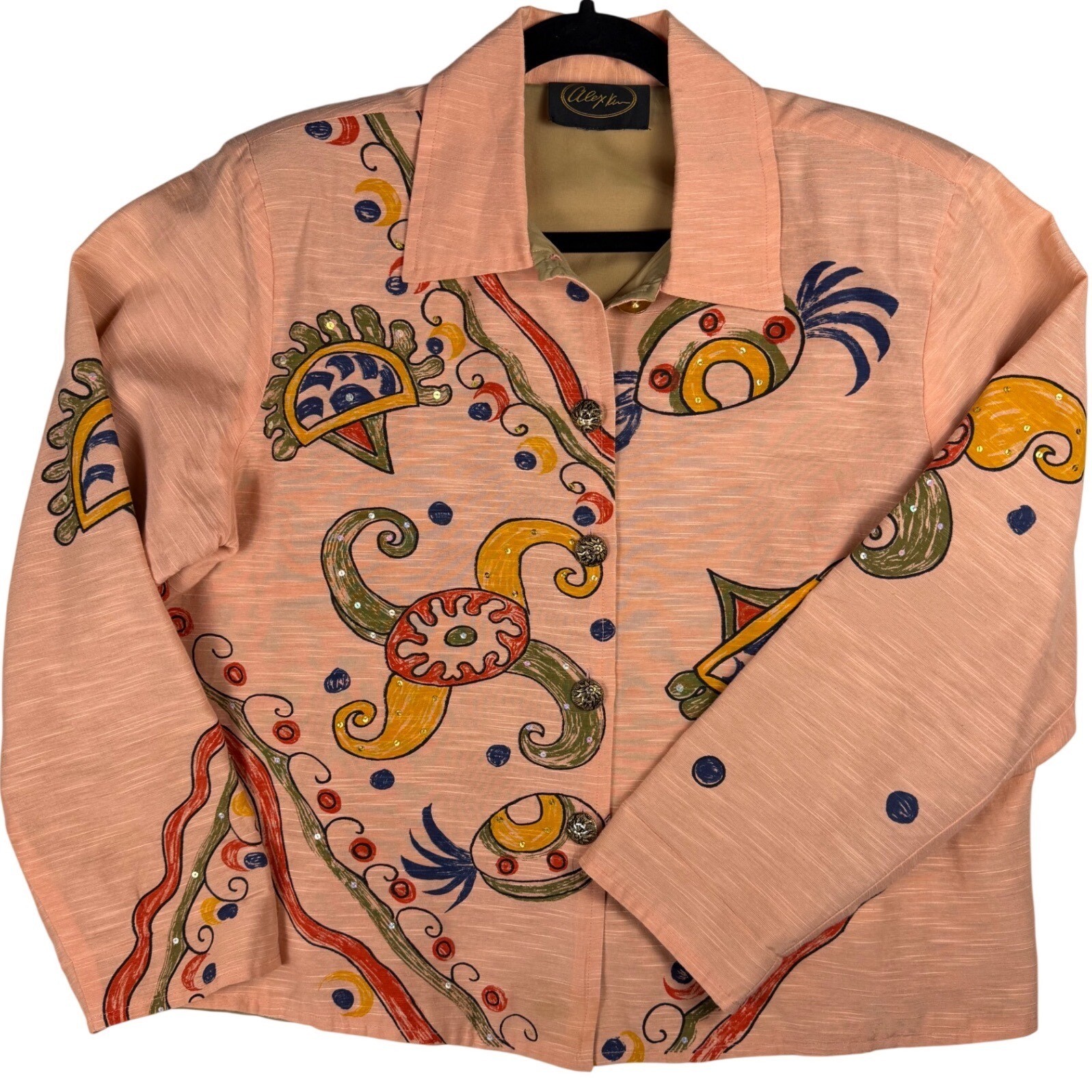 Vintage Alex Kim Silk Jacket Salmon peach Abstract Hand Painted Sequin Large