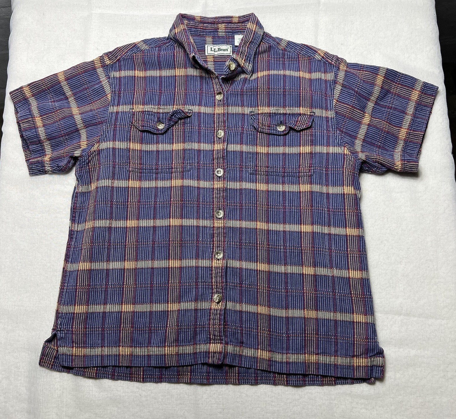 VTG 80s LL Bean Women’s Short Sleeve Textured Button Up Camp Shirt Medium India