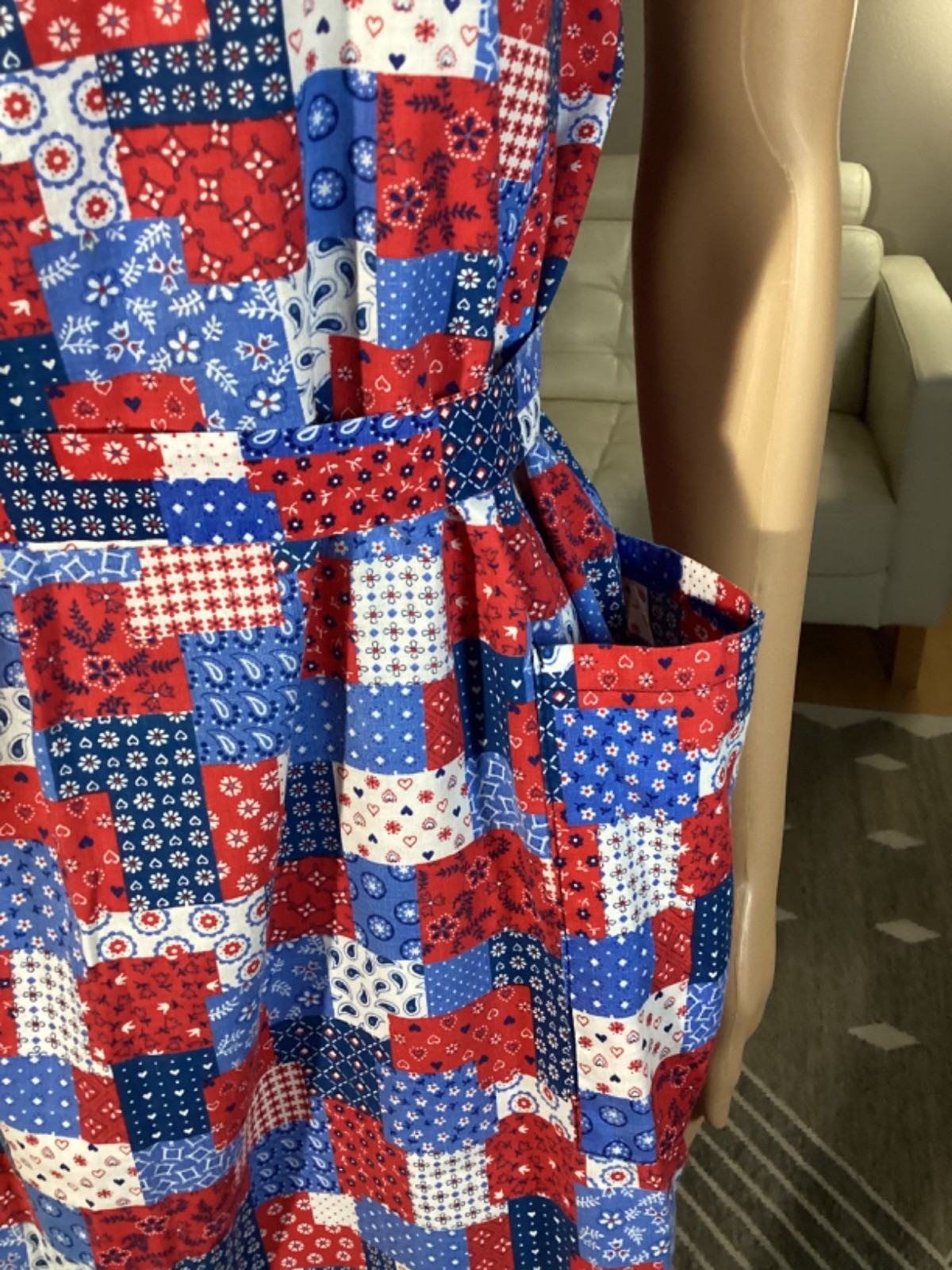 Vintage 1970’s Patchwork Pattern Belted Mini Dress Hippie Boho Open Pockets