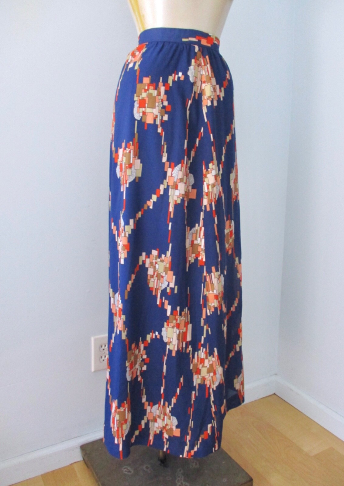 Vtg 70s Alex Coleman Blue Coral Geometric Poly Chiffon Maxi Hostess Skirt 24 in.