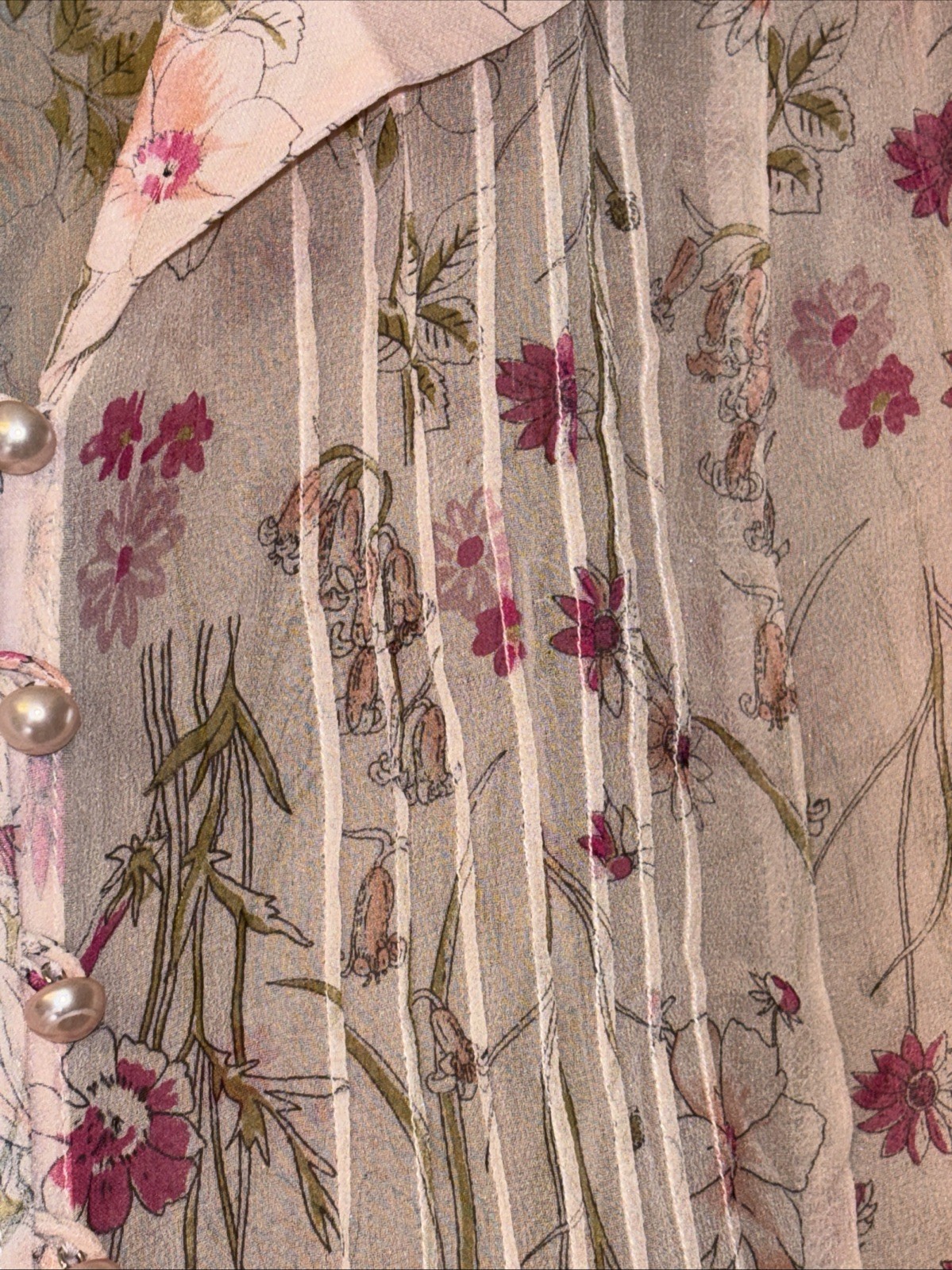 Vintage Silk Sheer Pink & Floral top Sz L Faux Pink Pearl Buttons Cap Sleeve