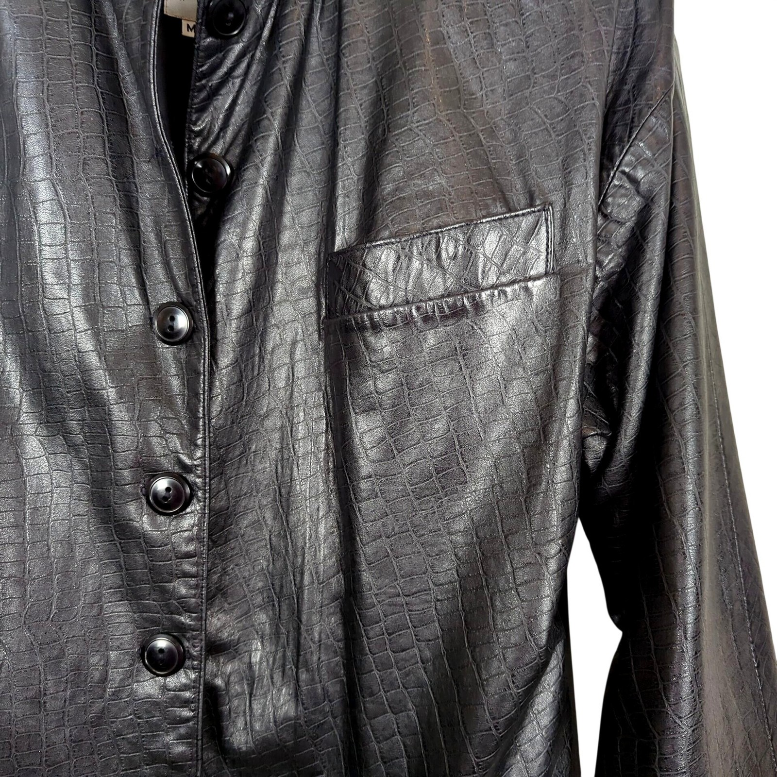 Vintage Vakko Leather Black Jacket Size M Croc Embossed USA Made Button Front