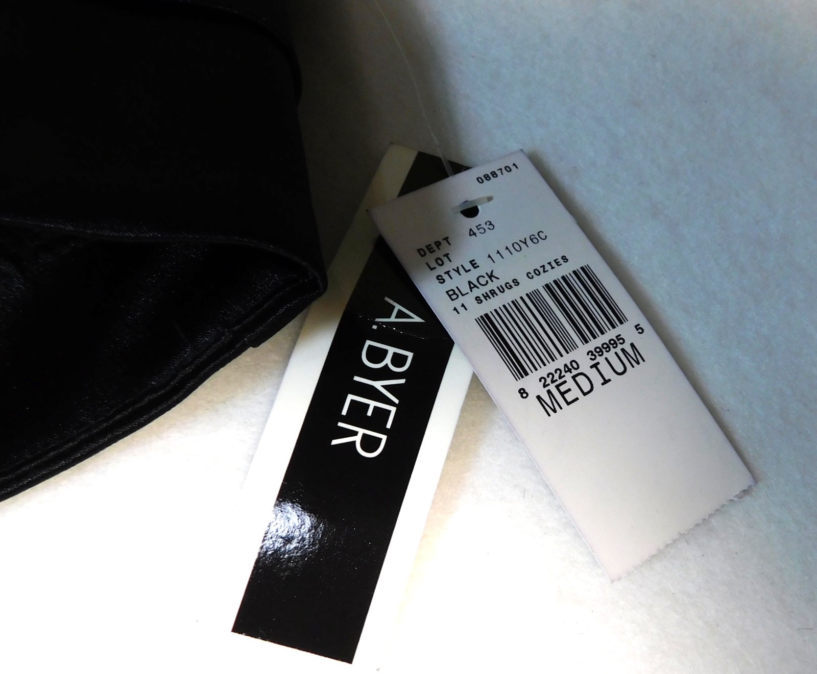 A. Byer Women’s M Black Silky Cropped Open Shrug with Cap Sleeves New With Tag