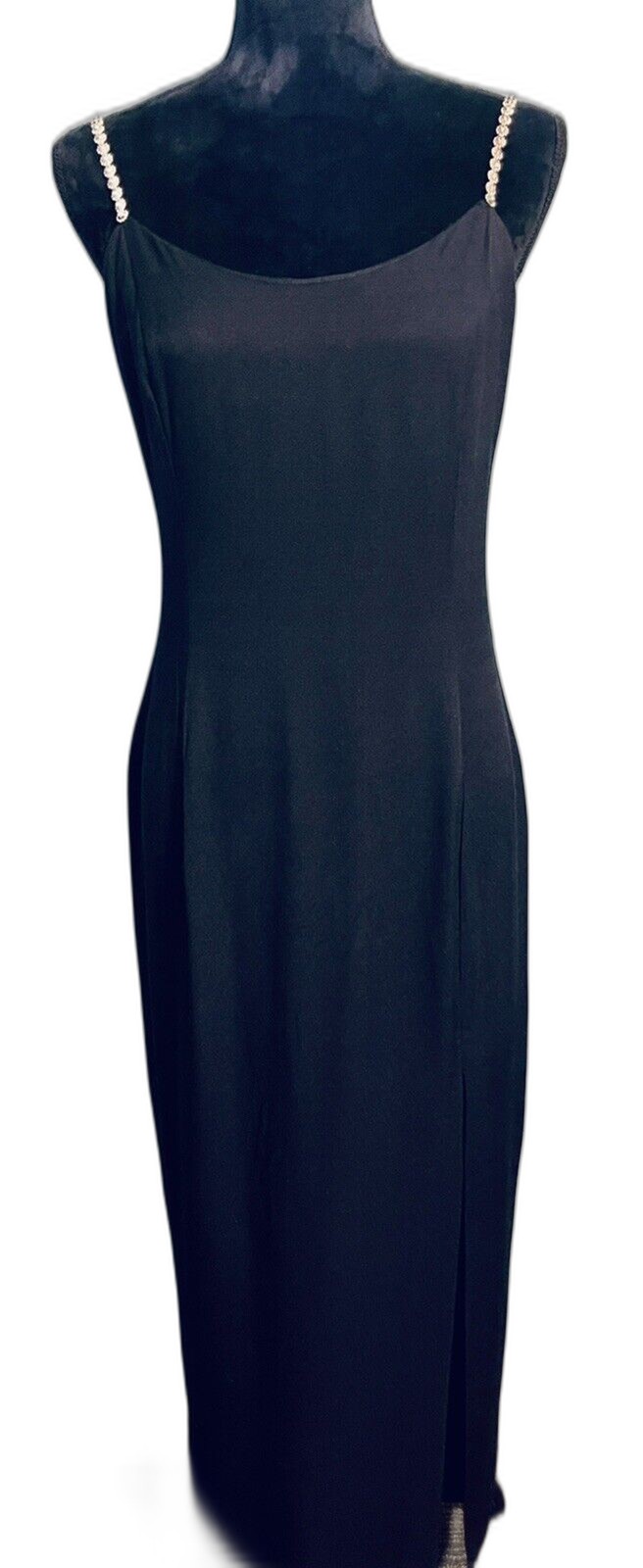 Vtg Jessica McClintock Sz13/14 Black Long Formal Gown Jeweled Spaghetti Straps