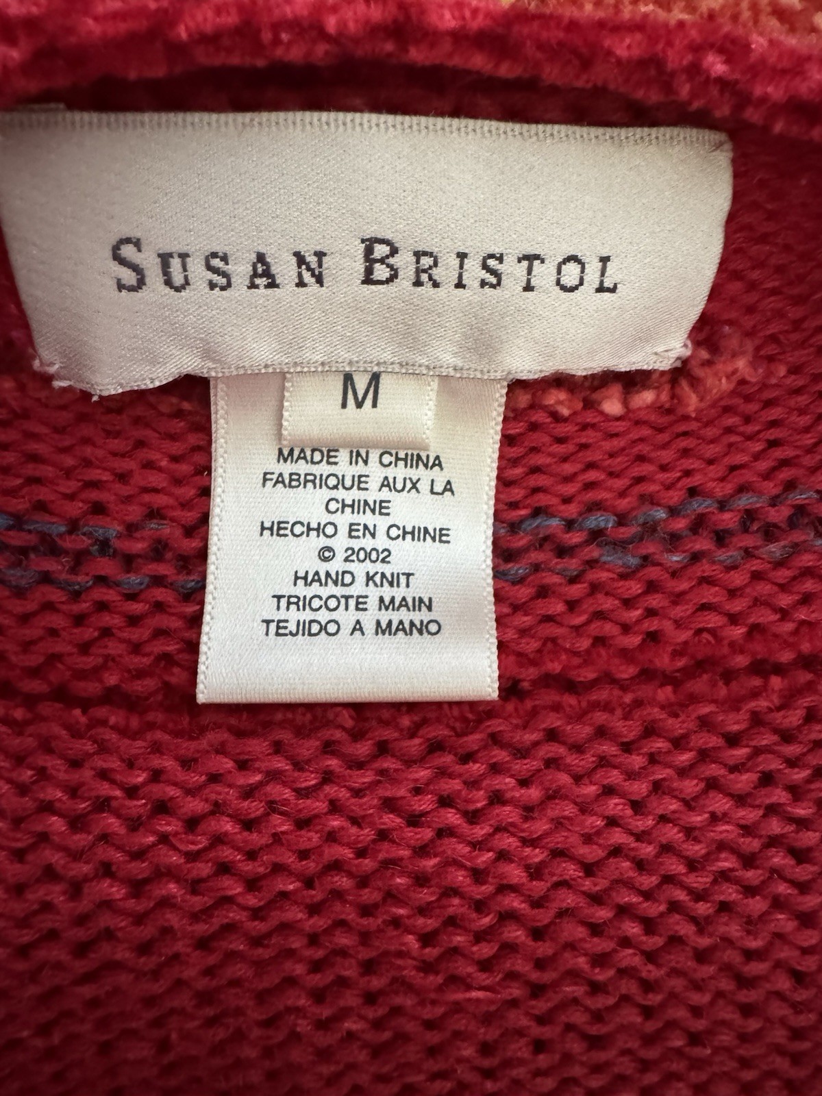 Susan Bristol Sunflower Hand Knit Red Cardigan 2002 Granny core Med Cotton/silk