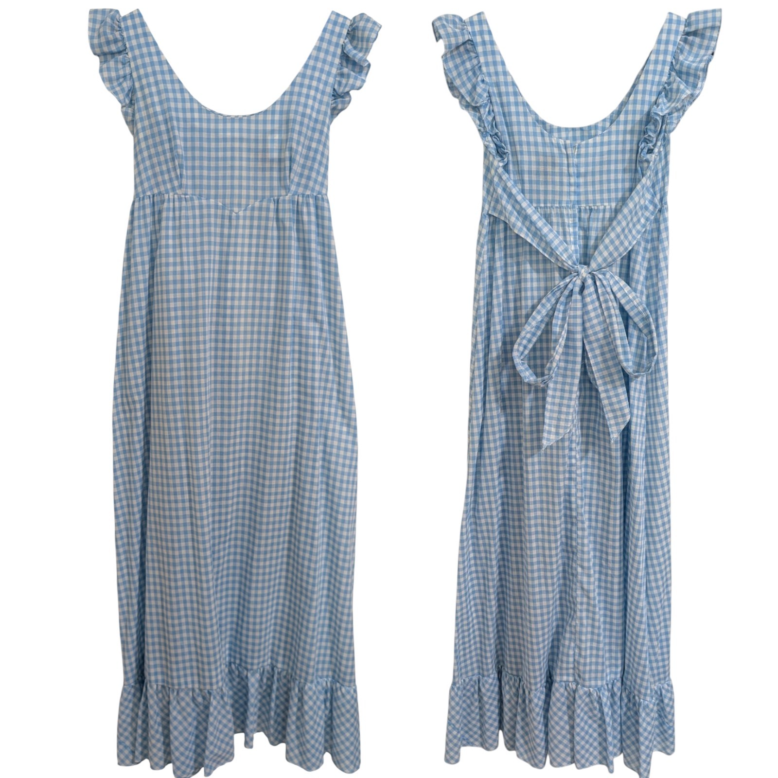 Vtg 70s Joy Stevens Blue Gingham Ruffle Maxi Dress Cottagecore Prairie Small