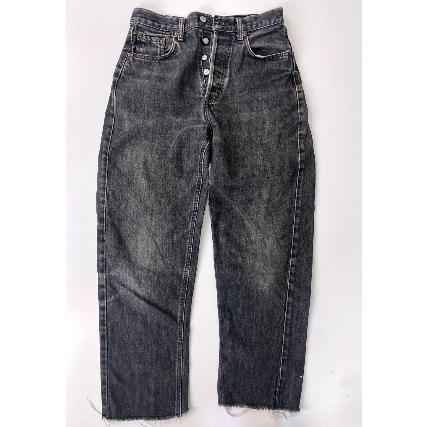 Vintage Levis 501 Faded Black Straight Leg Jeans High Rise Button Fly Frayed Hem