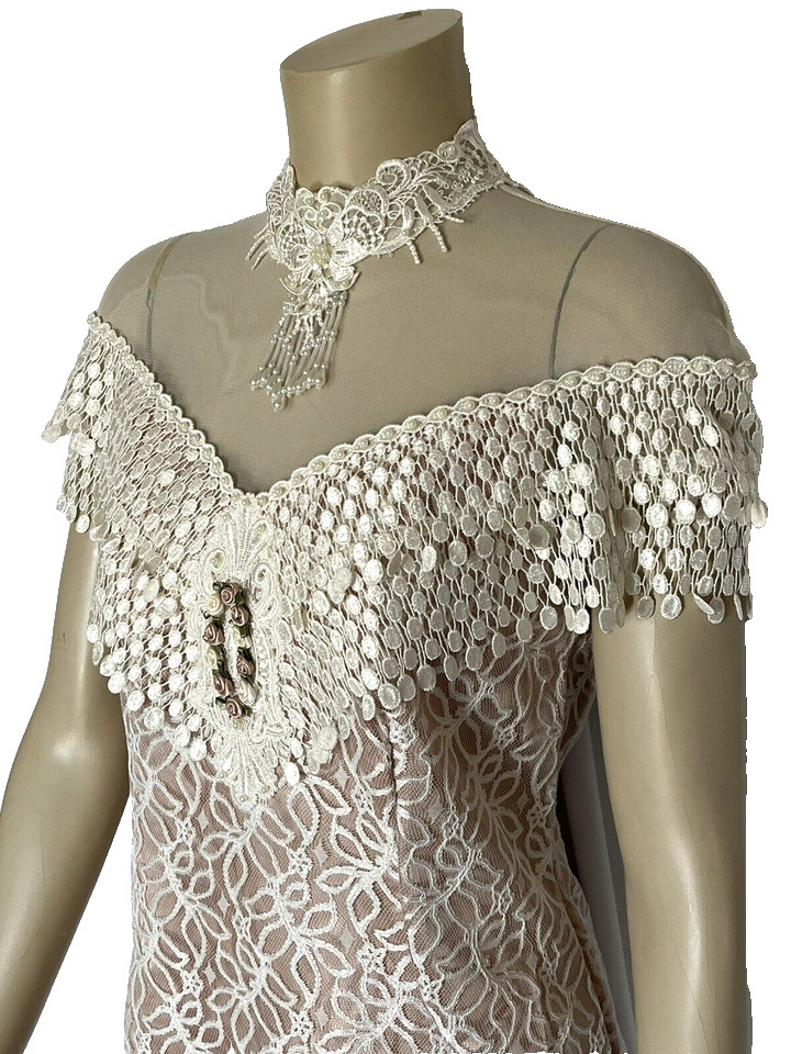 Vintage 1990’s Harmony Ivory Over Antique Satin Dress, Size 8