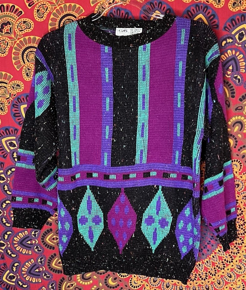Vintage GAS Sweater 1989 Retro Wool Black Purple Medium PTP 22in Length 25in