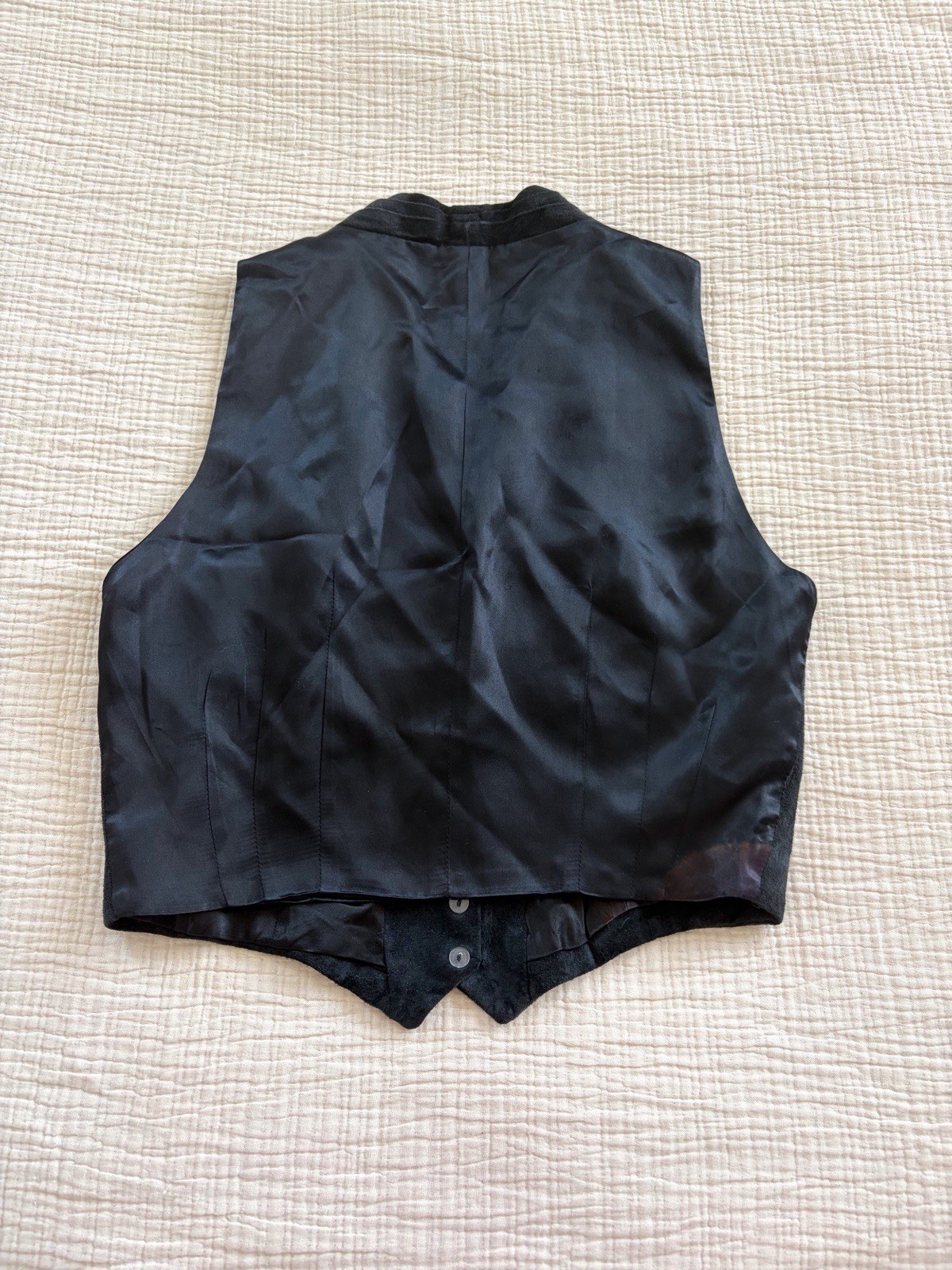 Vintage 70s Suede Pig Leather And Silk Button Up Black Vest