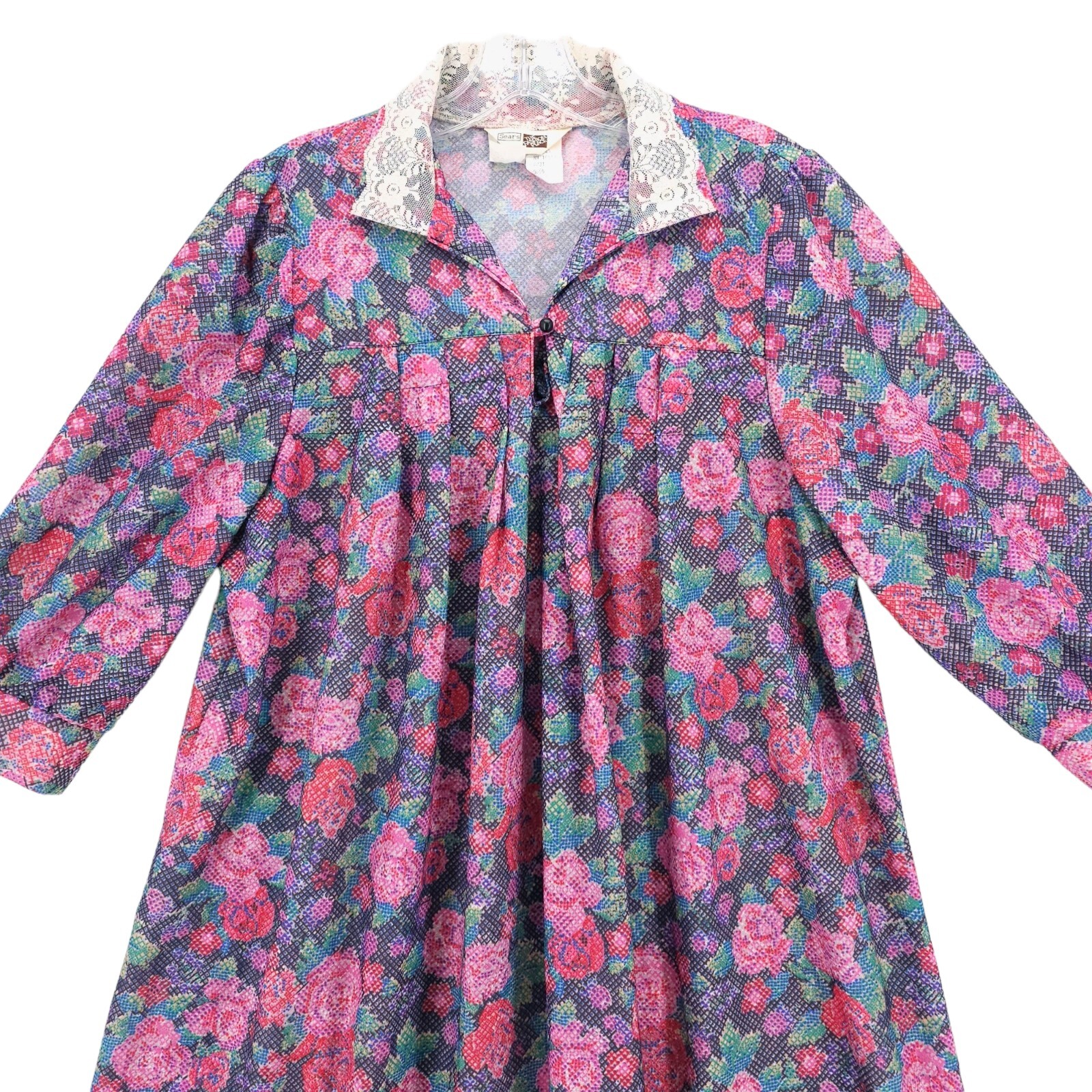 SEARS Vintage House Dress Floral 3/4 Sleeve Lace Trim Collar Size 14 1/2
