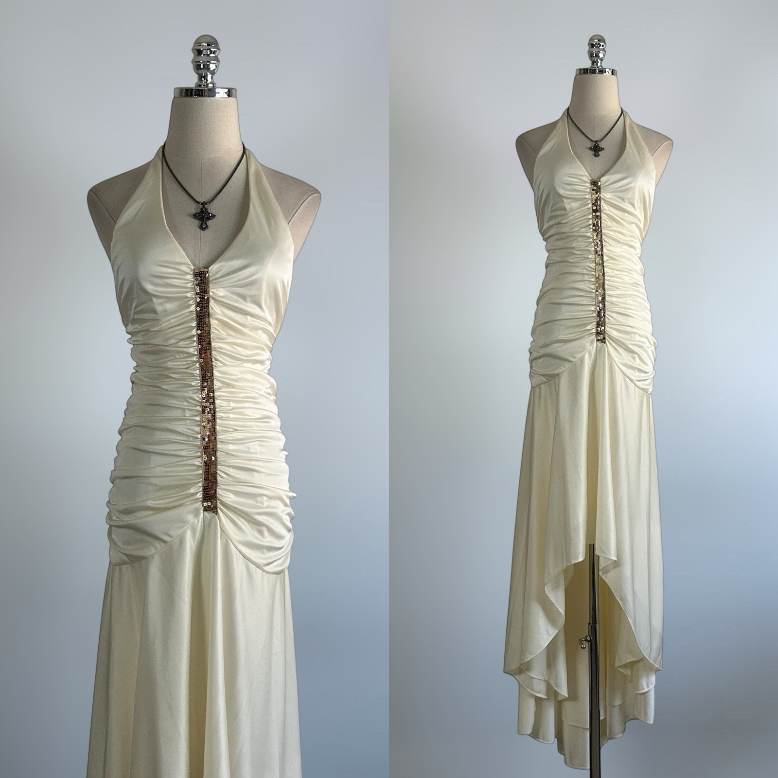 Vintage 90s Y2k Blondie Nights Cream Ruched Sequin High Low Halter PROM Dress