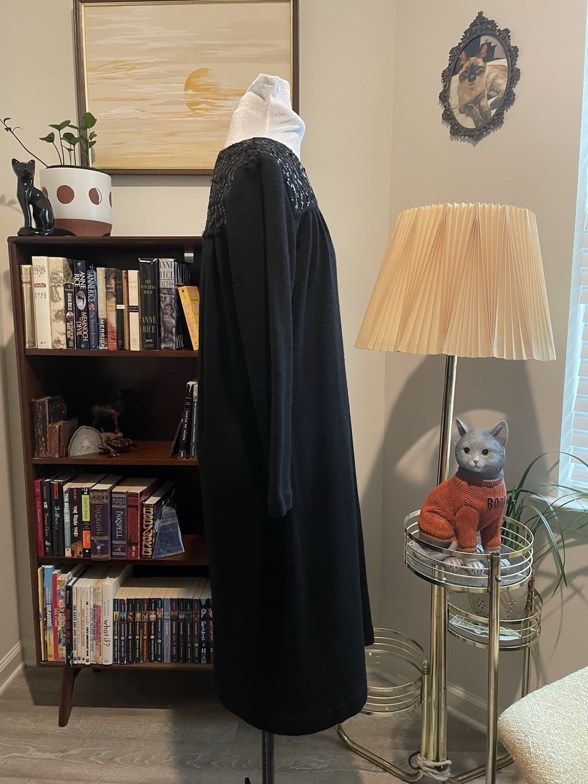 Vintage 60s Garfinckel’s Black Wool Knit Sequin Evening Dress Fits Size 8