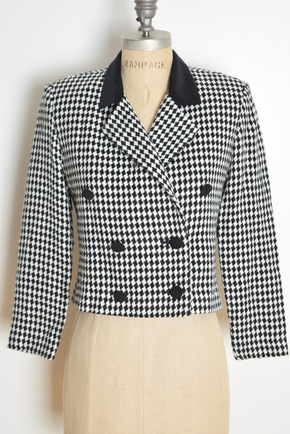 vintage 90s blazer black white diamond check cropped jacket top preppy S