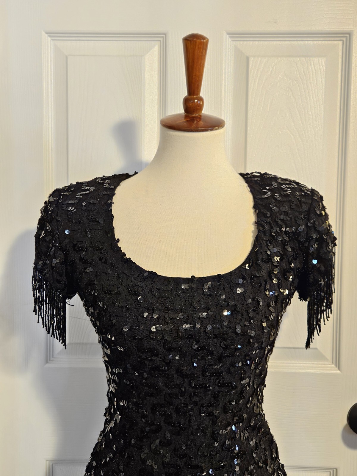 De Laru Vintage 80s Black Sequin Bead Fringe Party Prom Cocktail Dress Size 3/4