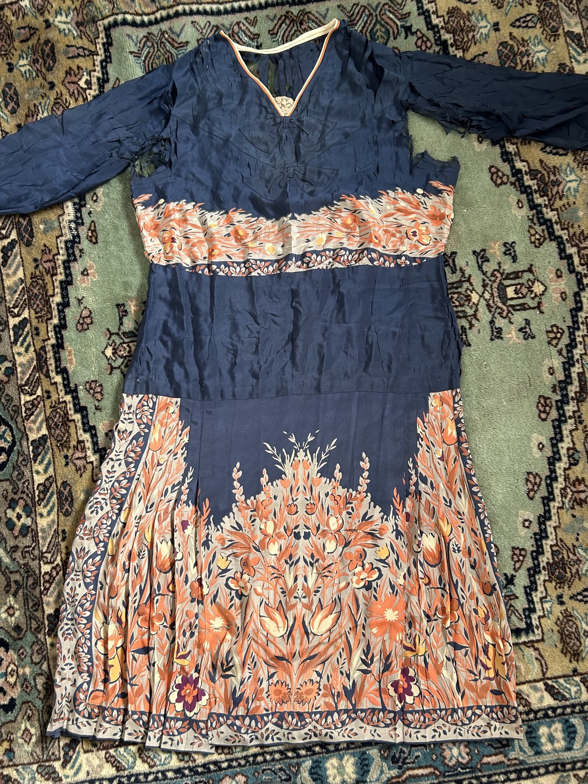 Vintage Antique 1920s Pleated Silk Flapper Dress As Is – Hand applique Blue