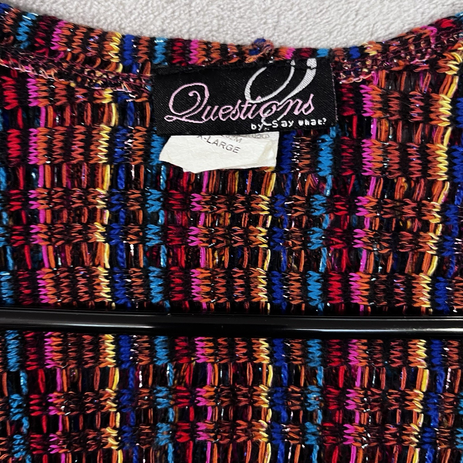 SAY WHAT? CROCHET SHAWL CARDIGAN Women XL HIPPIE Festive Colors Metallic Vtg