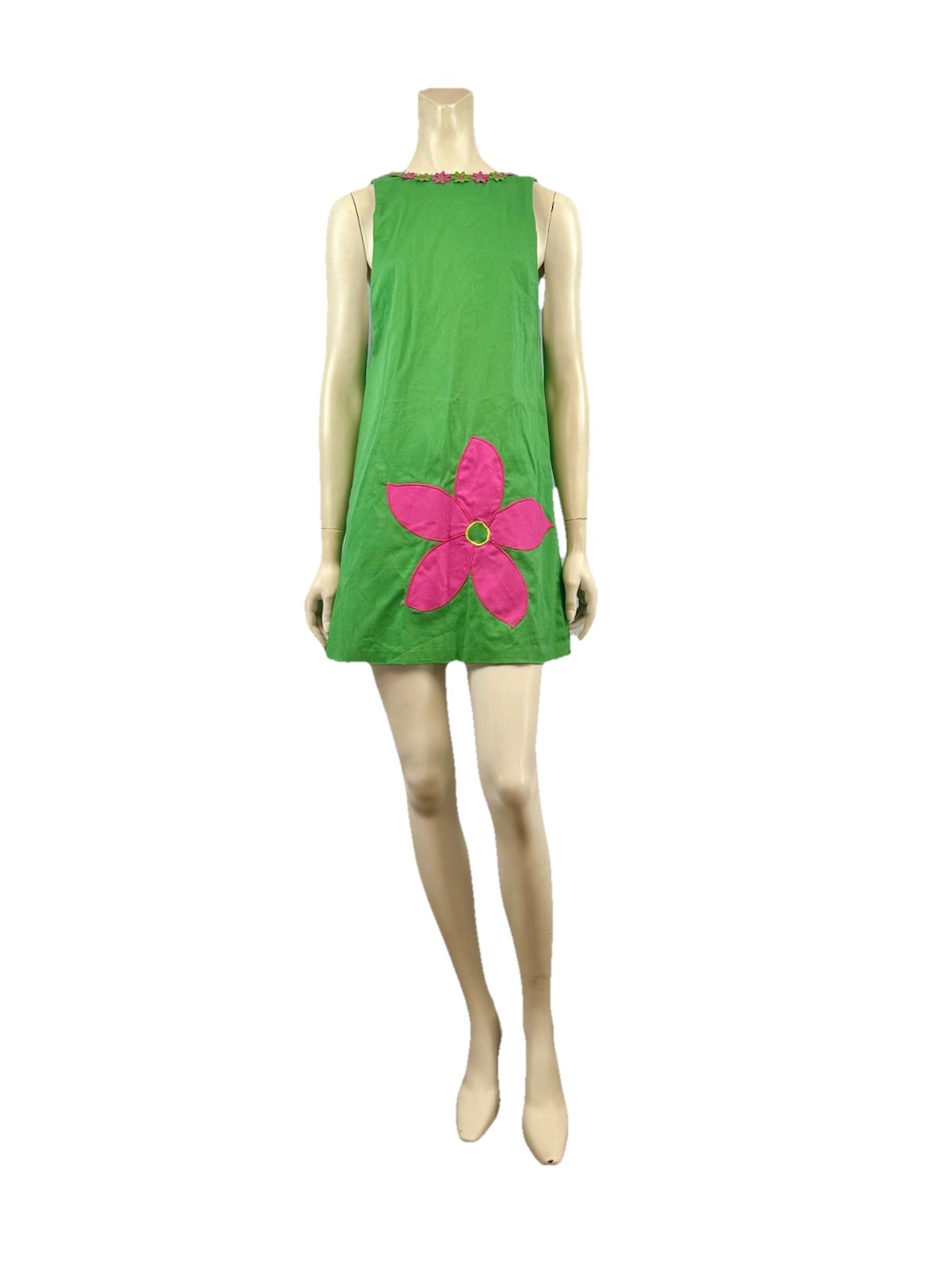 Vintage 60s Mini Dress Flower Power Green Mod Hippie, Cotton, X-Small/Small