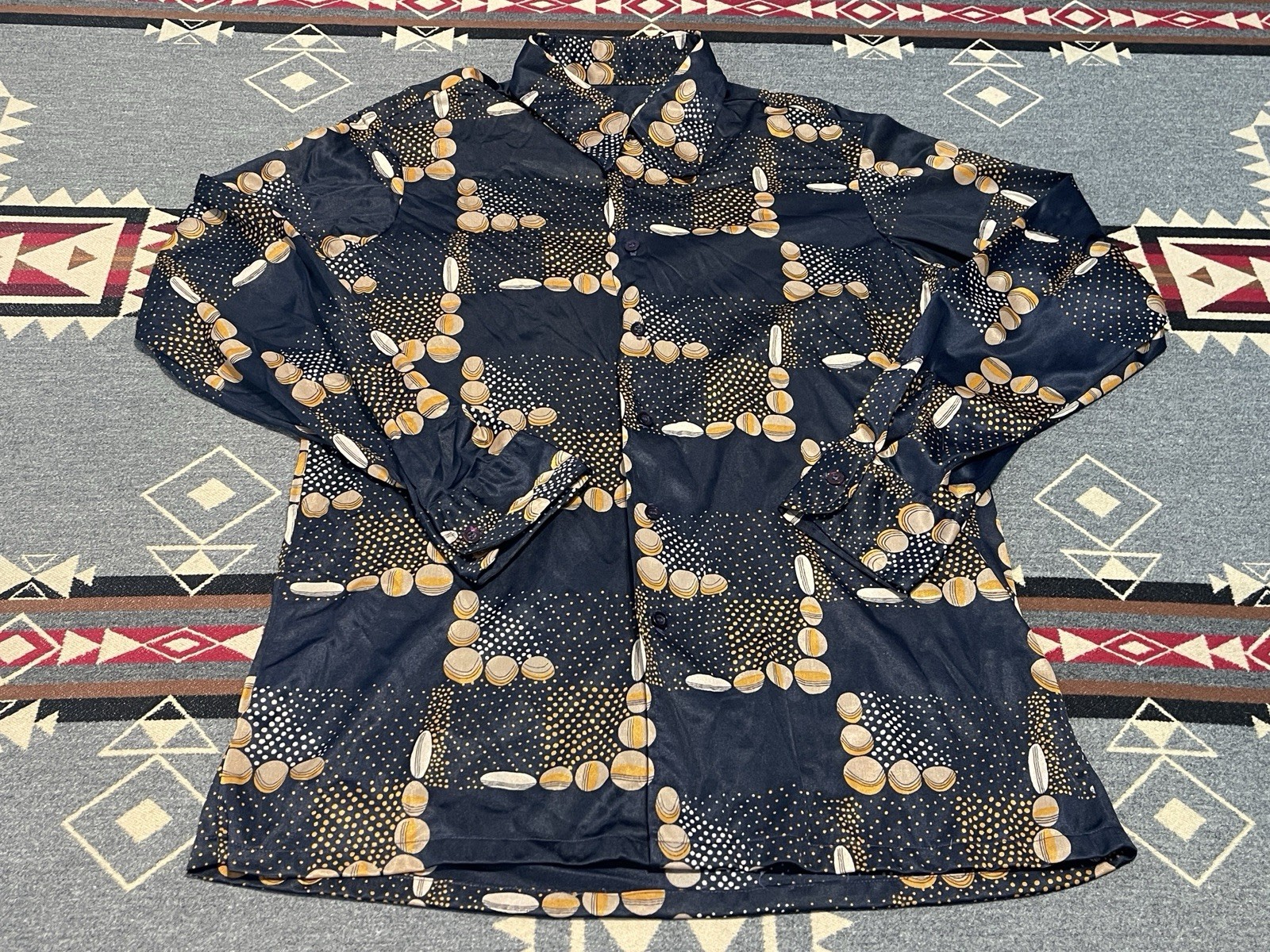Vintage 70s Geometric Abstract Blouse Navy Gold Women’s L USA T2
