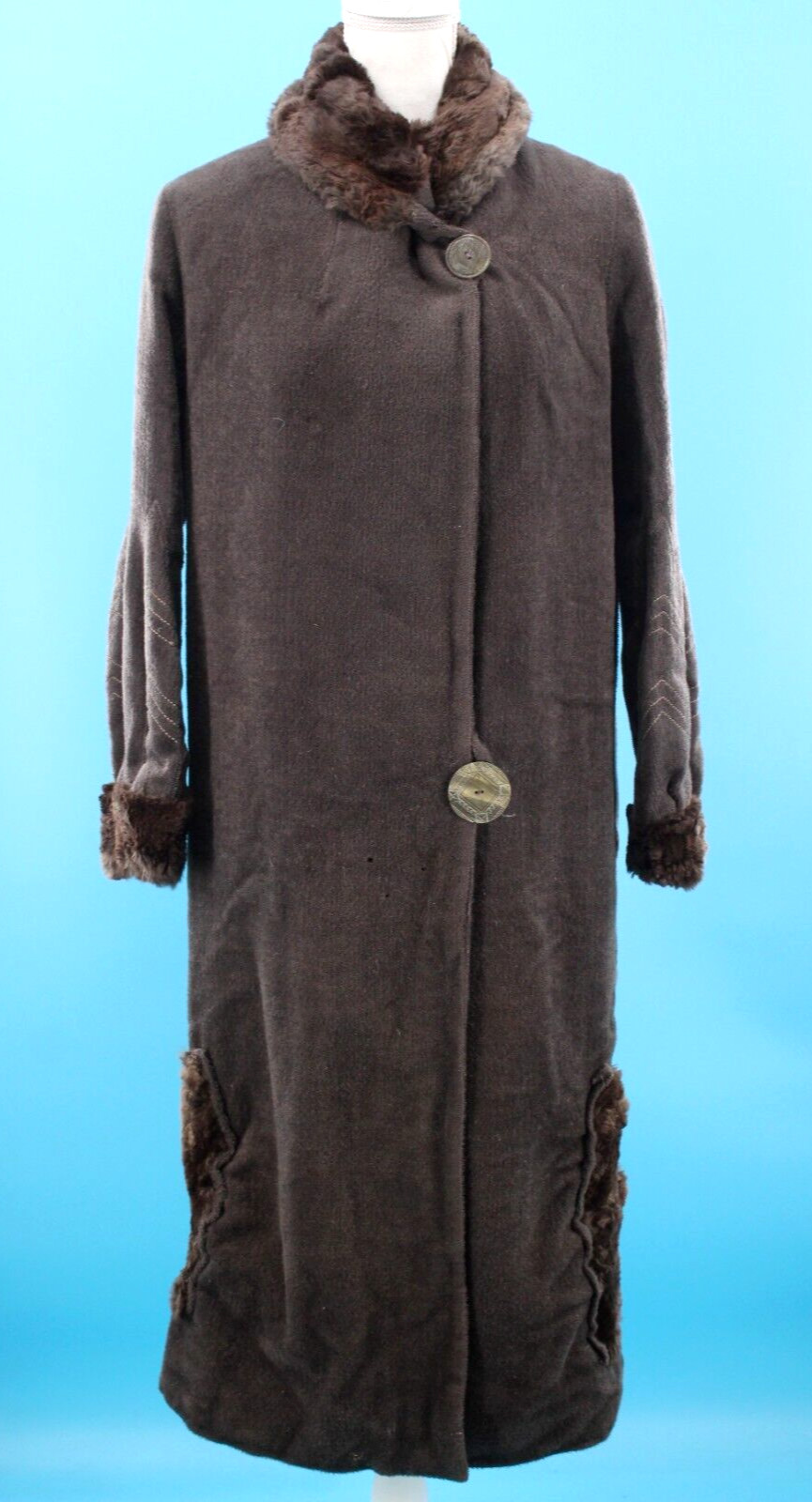 VTG Women’s 20s 30s Brown Side Button Pile Coat W/ Fur Trim Sz S/M 1920s 1930s