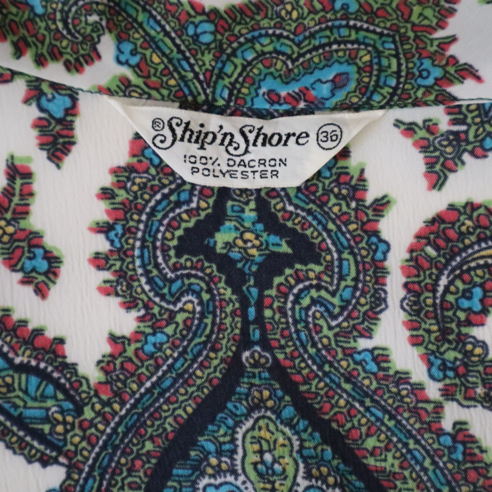 Vtg 1960s Ship 'n Shore Women’s Blouse Top w Neck Tie, Blue Green Paisley Sz Med