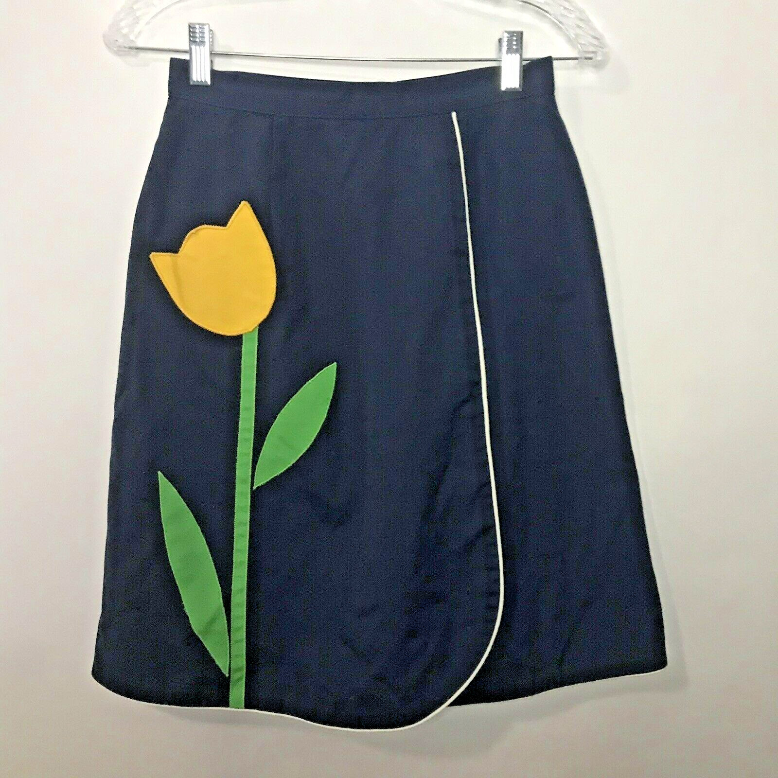 Vtg 80s Faux Wrap Skirt Skort Womens S 26″ Tulip Flower Applique Navy Blue