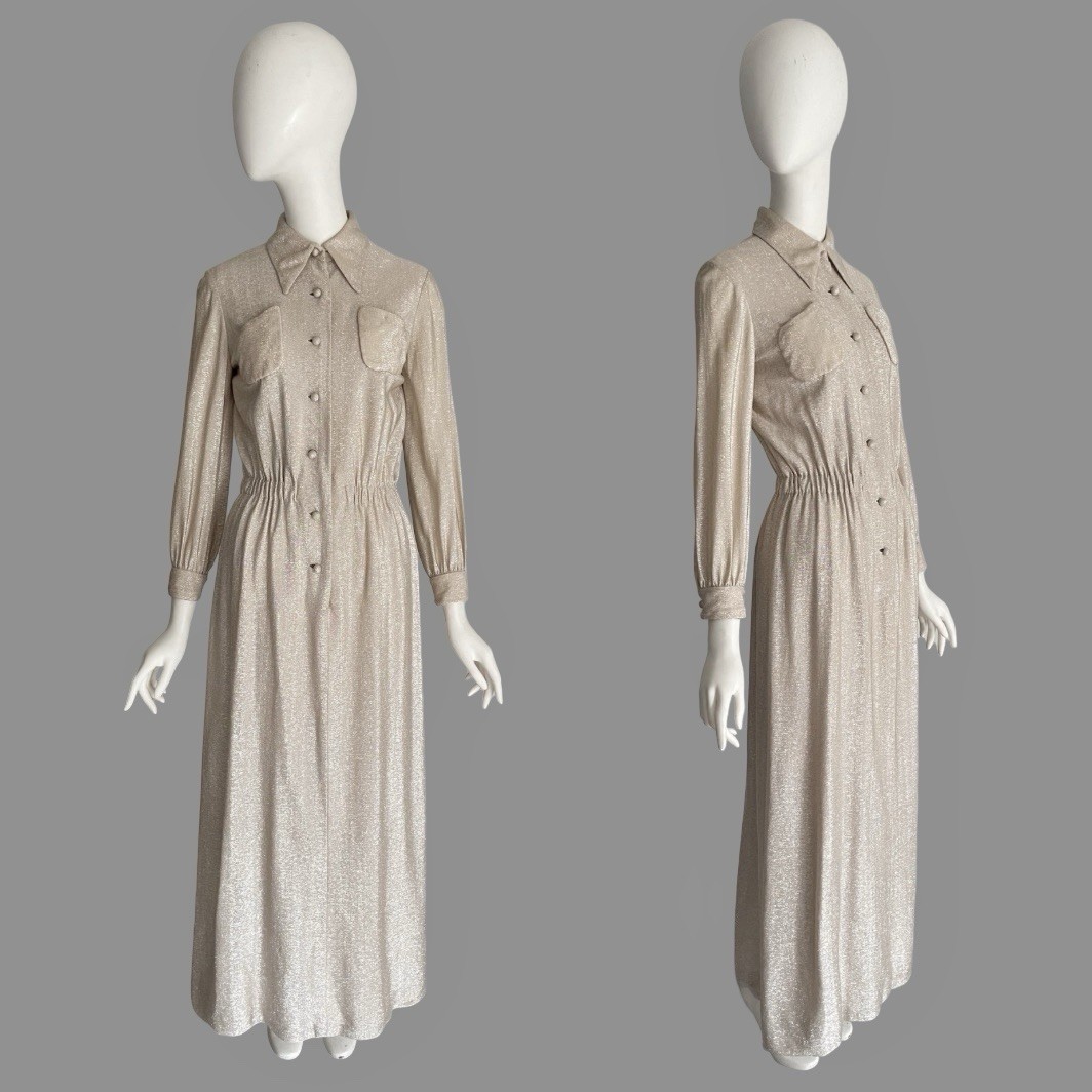 Geoffrey Beene Vintage 1970s Beige Metallic Sparkle Lurex Button Down Maxi Dress