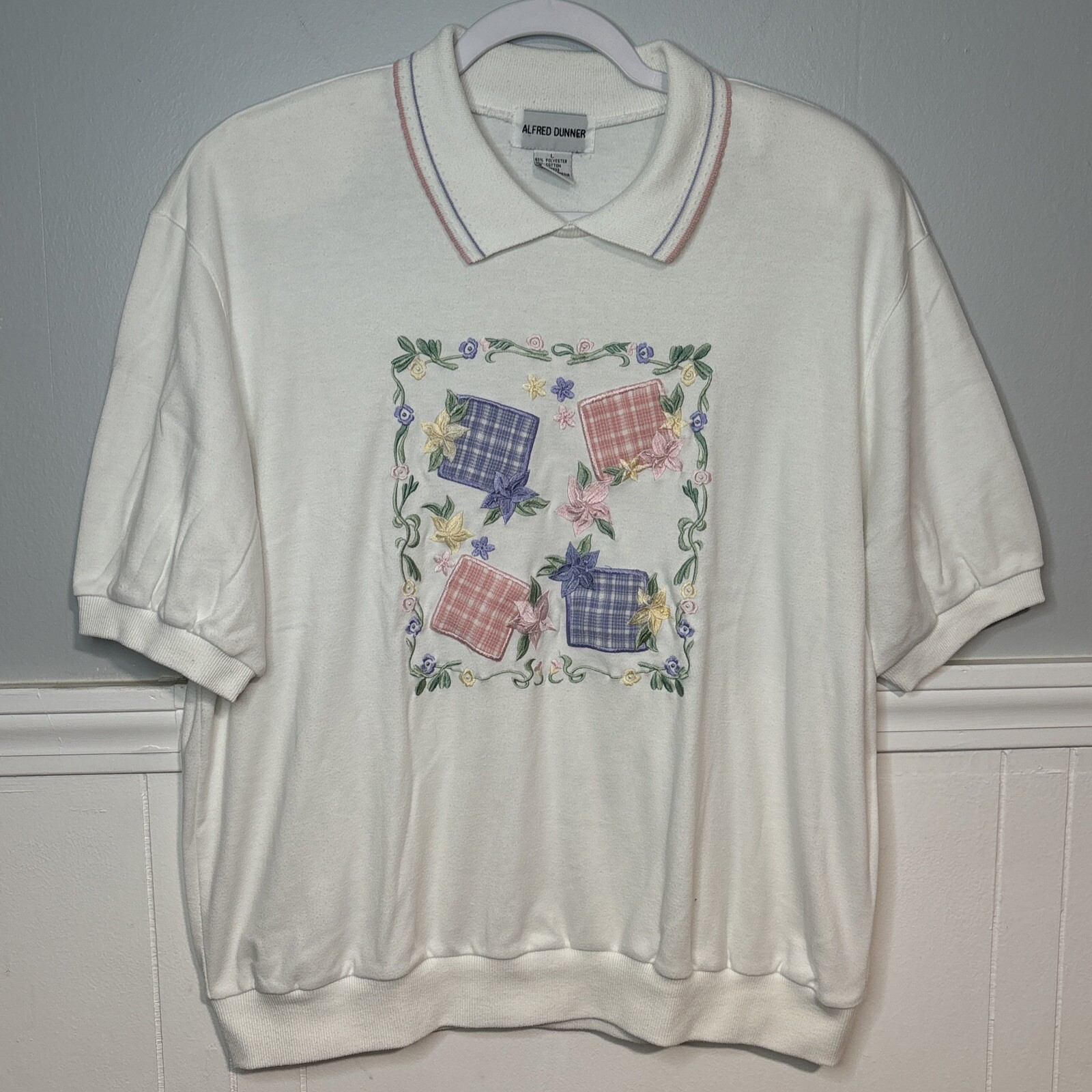 Alfred Dunner Size Large Floral Embroidered Collared Shirt VTG Shoulder Pads