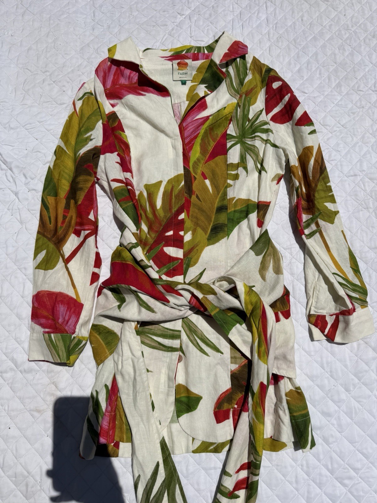 Farm Rio Spring Forest Fil Coupé Mini Dress white Size Large Linen Blend Floral