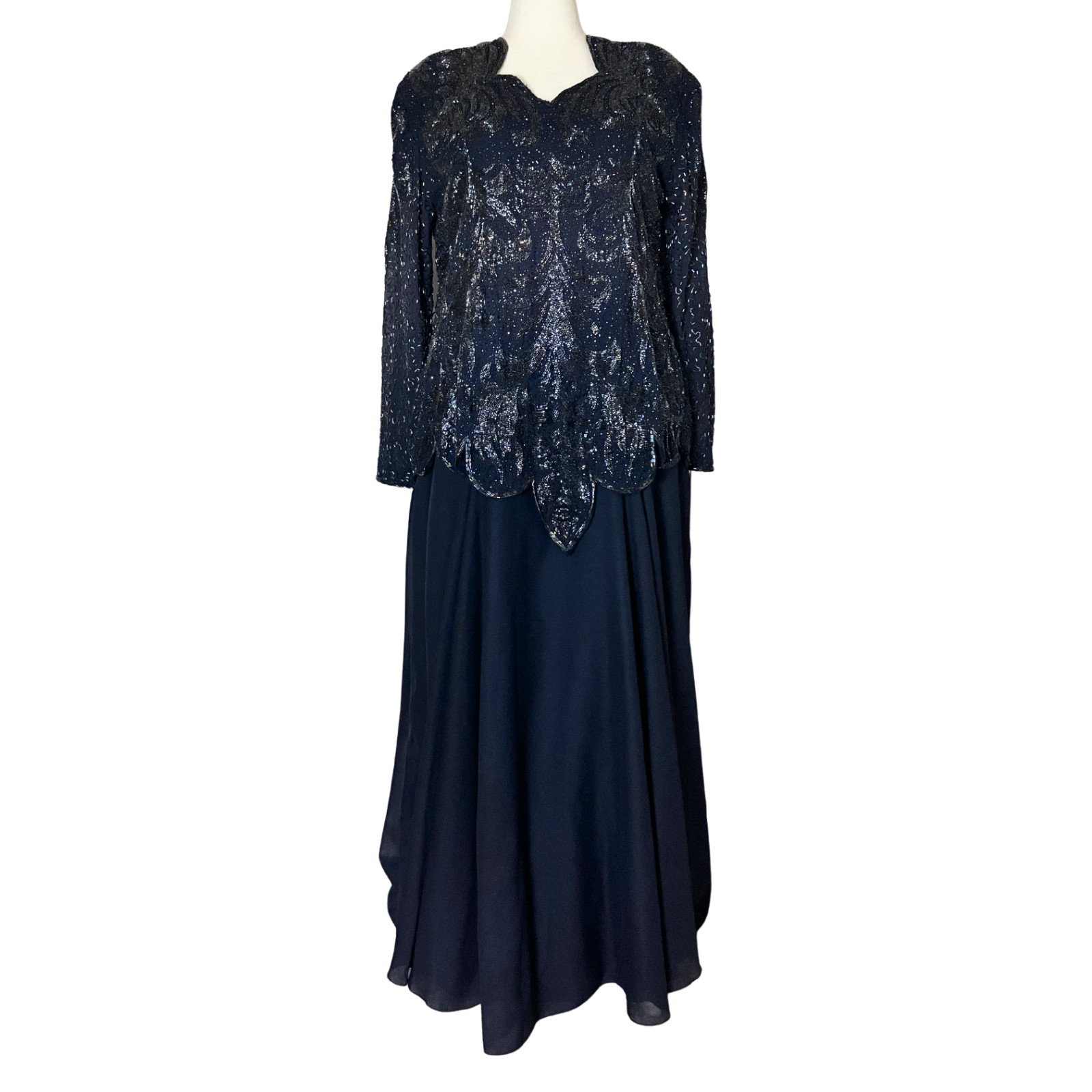 Vintage 80s 90s Navy Blue Beaded Formal Dress Long Sleeves. XL/XXL. Modest