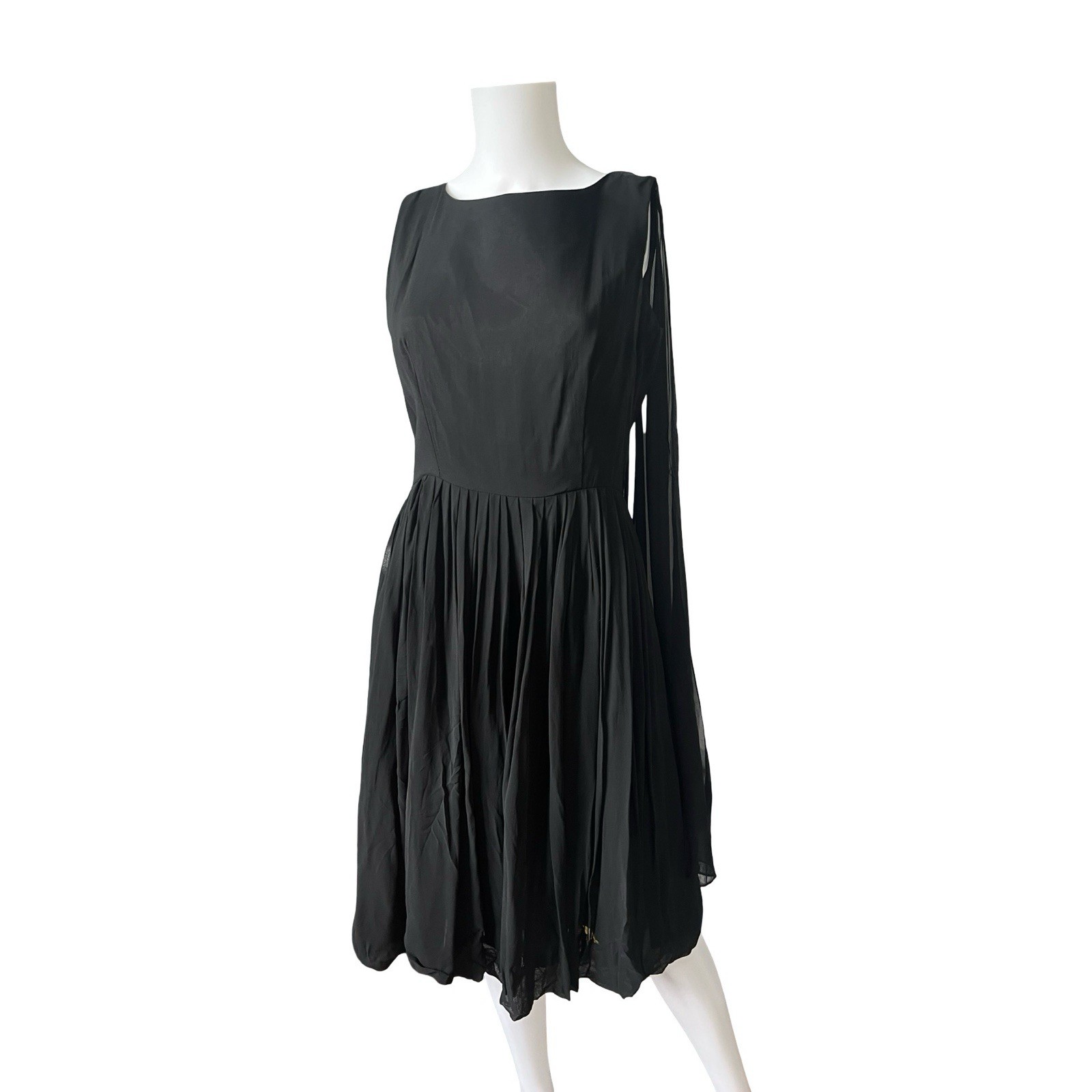 Vintage Sleeveless Black Dress with Cape Pleated Skirt Knee Length Size 16