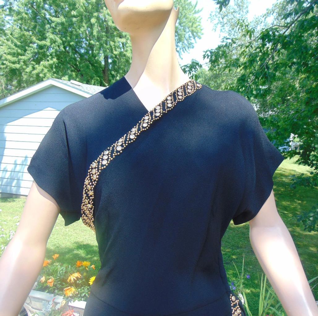VTG 40s Ted Shore Design Black Crepe Draped & Studded Cocktail Dress 28W