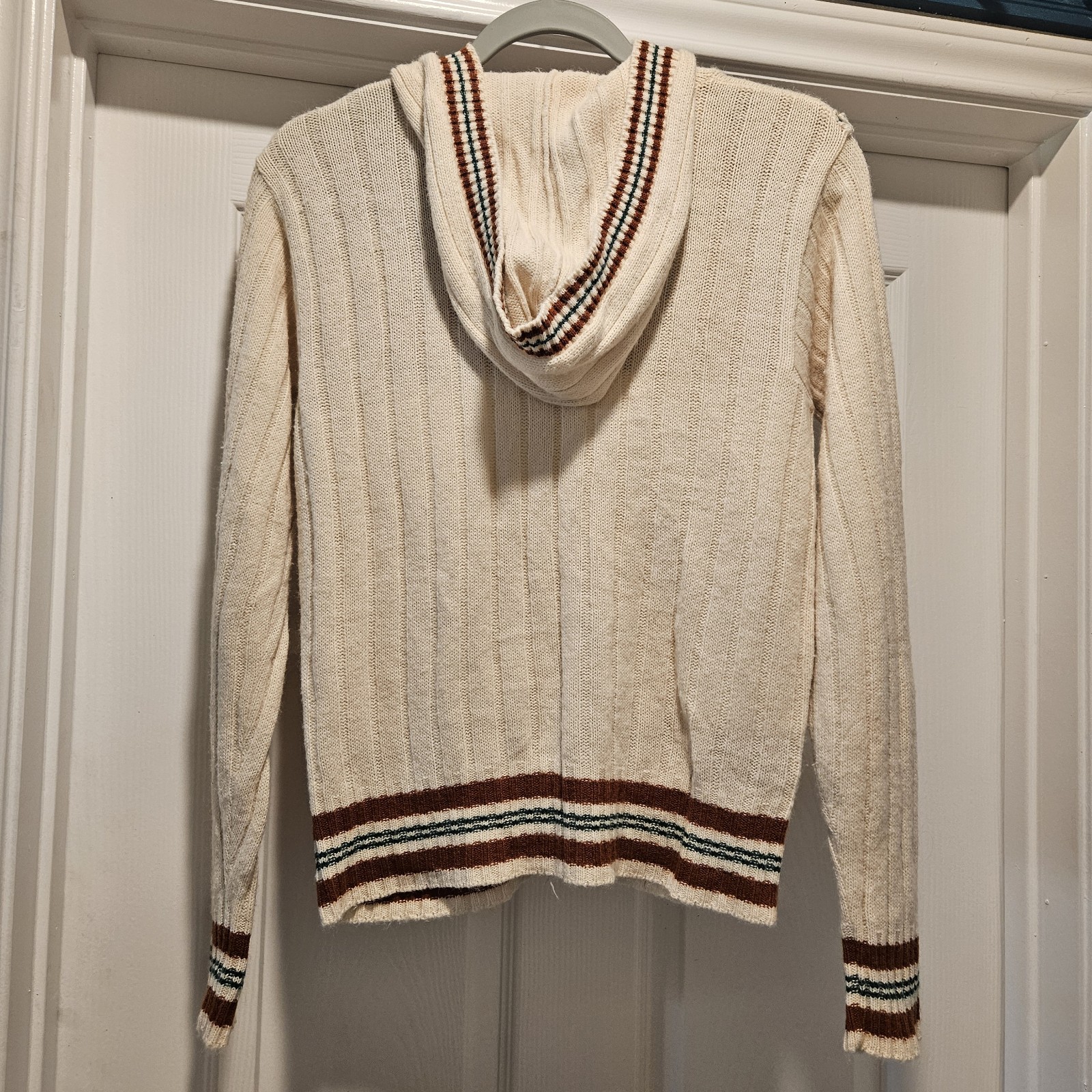 Vintage 1970s Sears Jr Bazaar Fair Isle Zip Hoodie Sweater Cream Brown Cable…