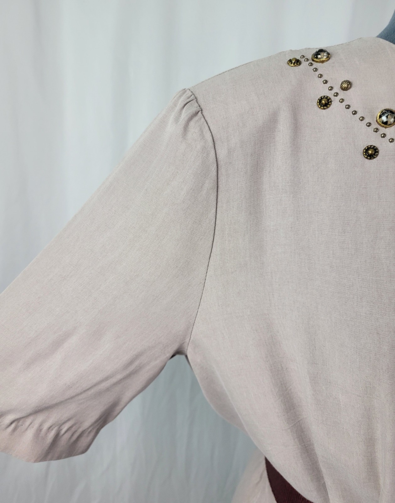 Vintage Impulsive Grey/Tan Blouson Dress w Peplum & Stone Accents Size 14