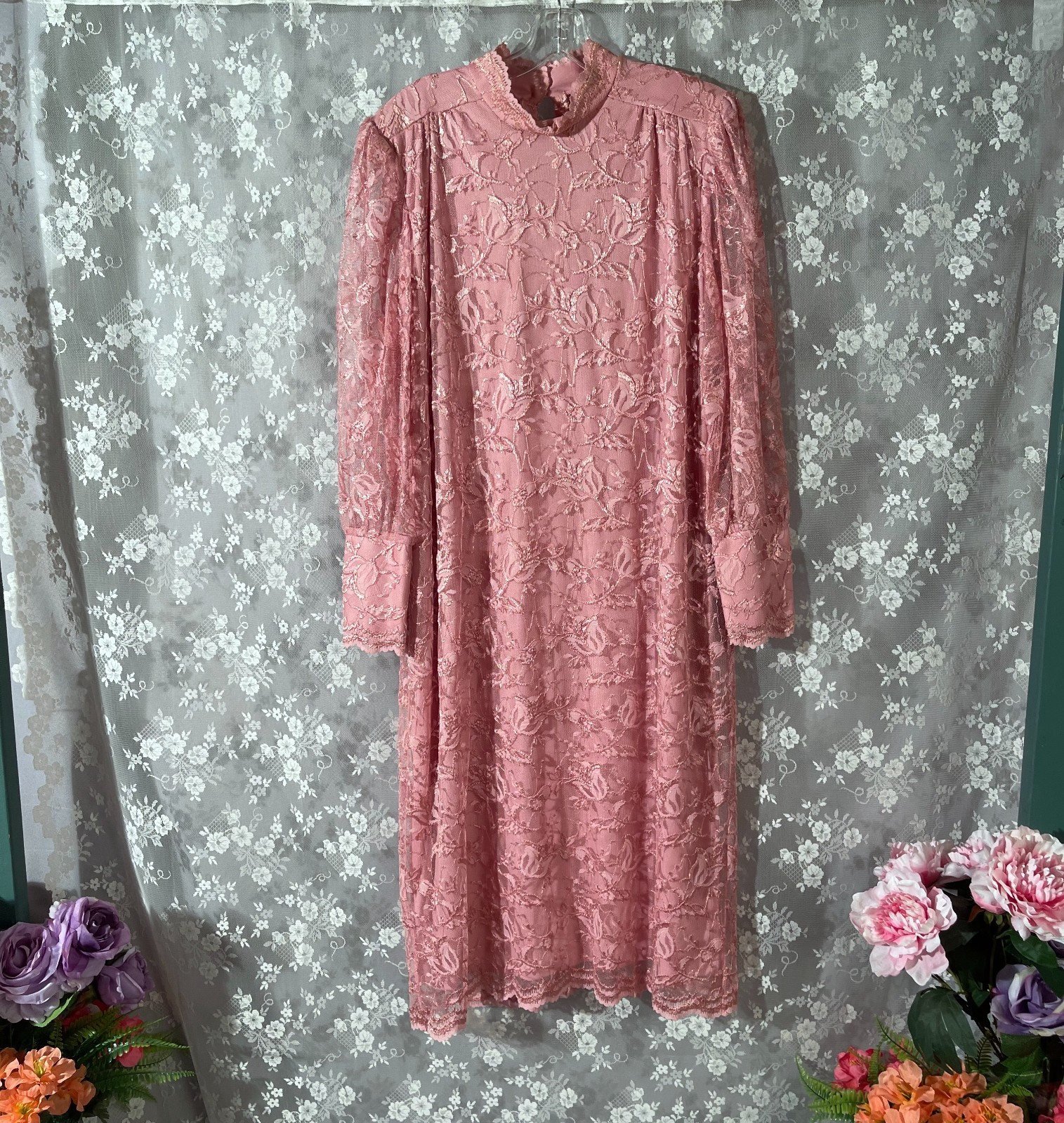 Vintage 80s Pink Lace Dress Size XXL 1980s Retro Long Sleeve Romantic Midi