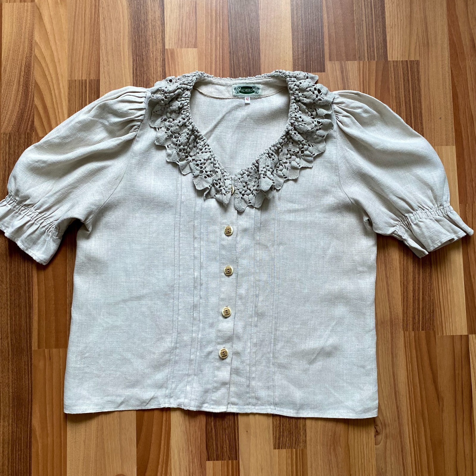 100% Linen Vintage Puff Sleeves Blouse Button Front Bavarian Romantic Folk 42