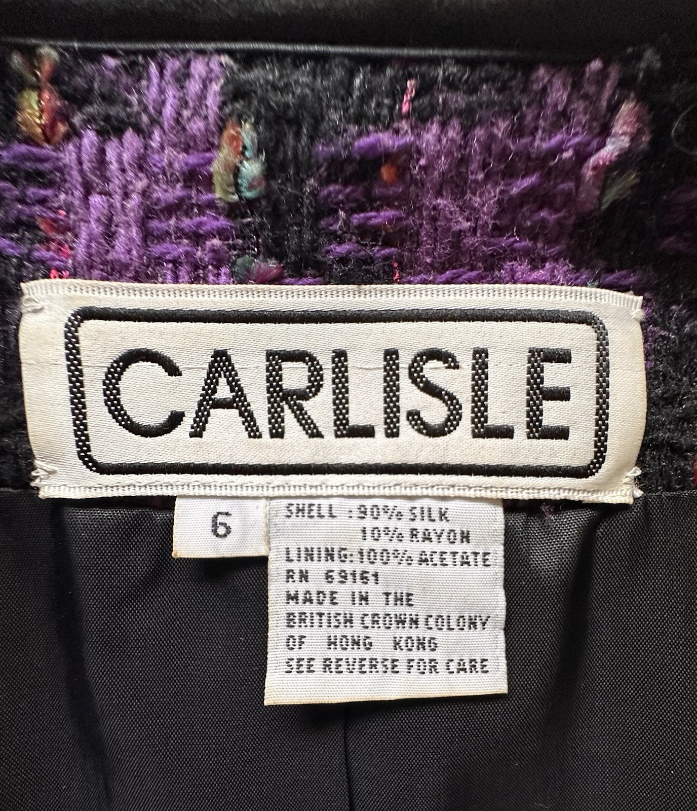 VTG CARLISLE Silk Tweed Blazer Jacket Purple Black Plaid Gold Buttons Size 6