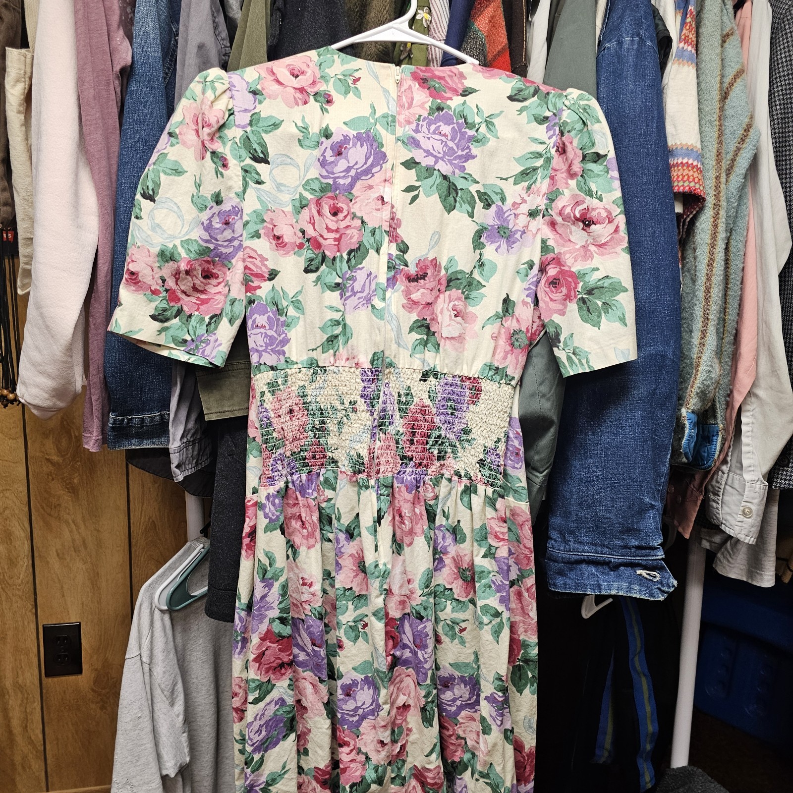 miss dorby 1980s Floral Cotton Tea Dress Ivory Pink Purple Green Size 16