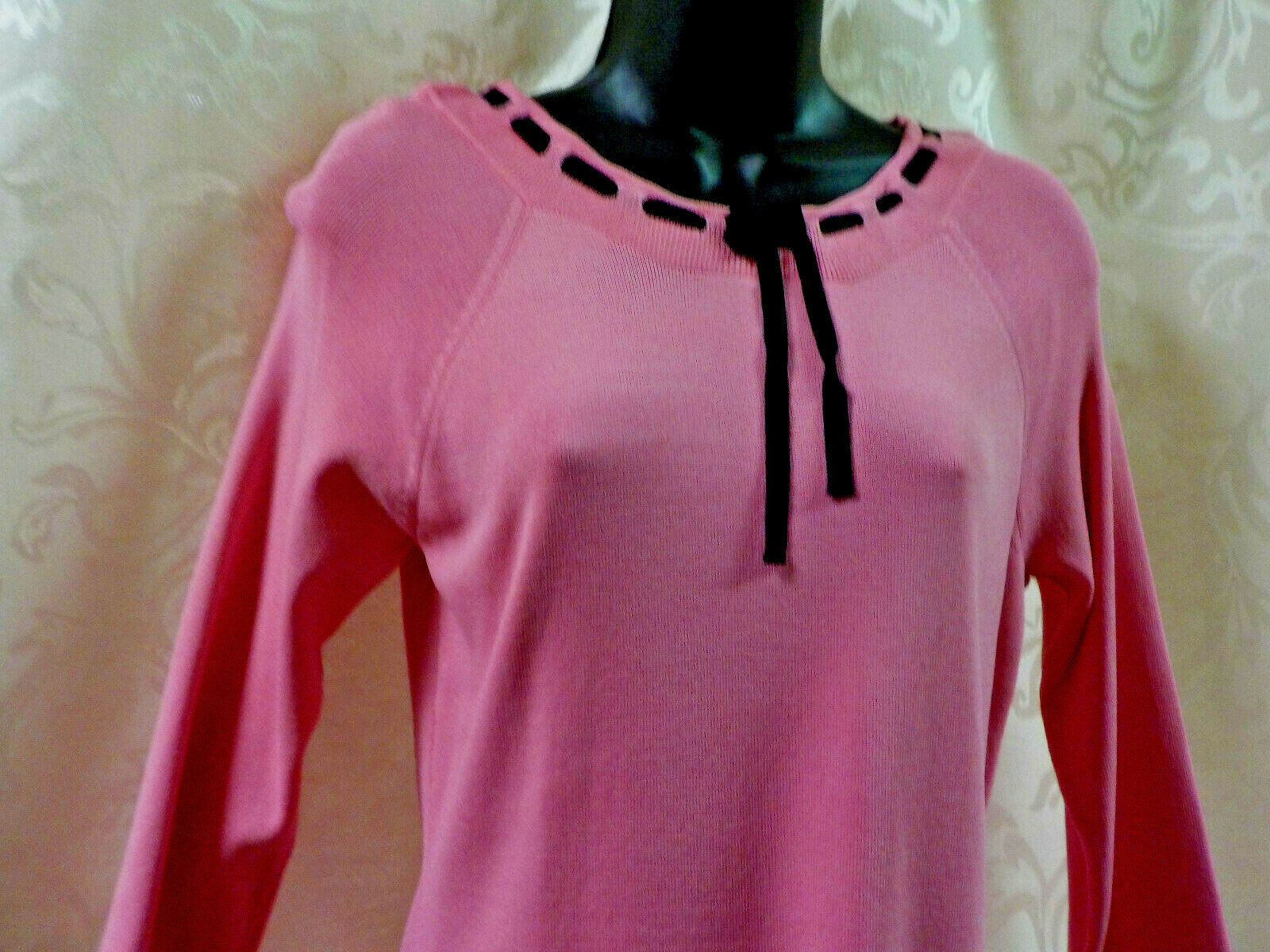 Vintage Joseph A. 1990’s Top Size M Pink Black Ribbon Trim 3/4 Sleeve Viscose Bl