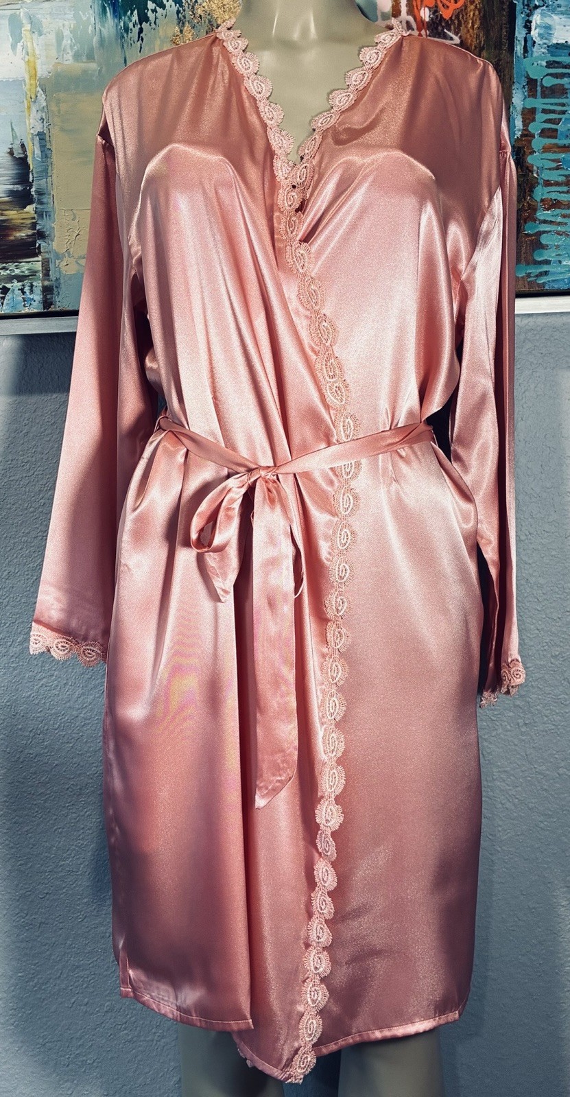 Vtg Peach Blush Satin Lounge Wrap Robe M