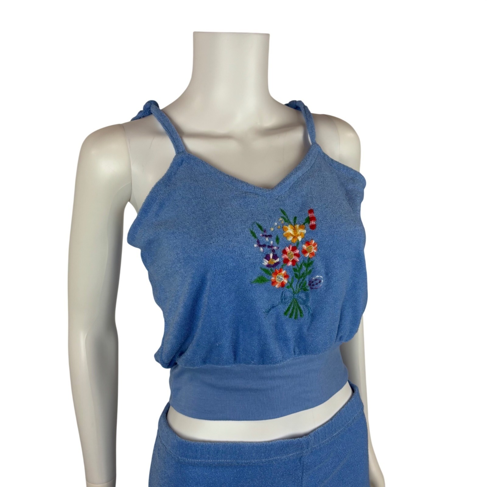 Vintage 80s Terry Cloth Set Womens L Blue Flower Embroidery Two Piece Summer