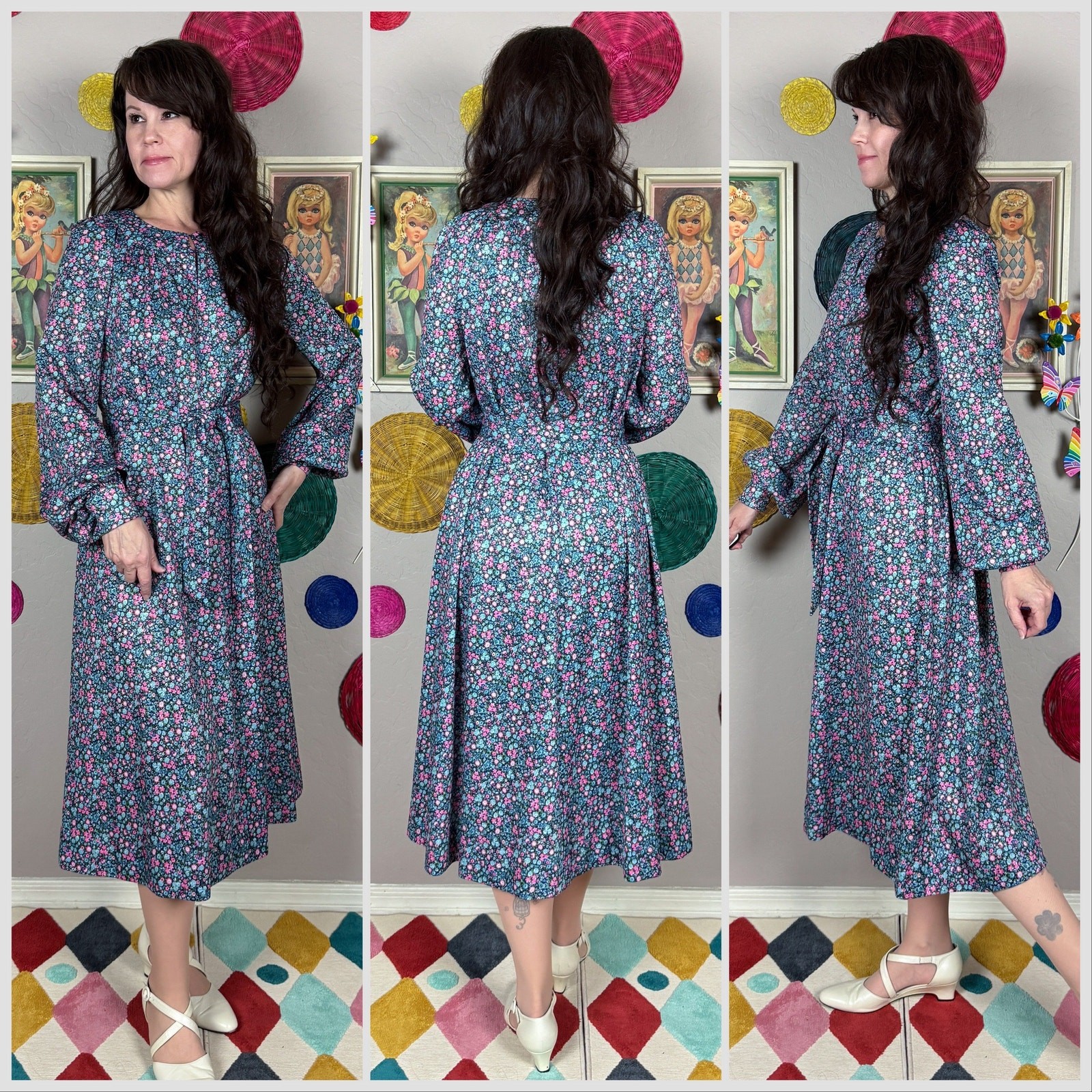 Vintage 1960s Blue and Pink Ditsy Floral Long Sleeve Belted Midi Dress | M/L