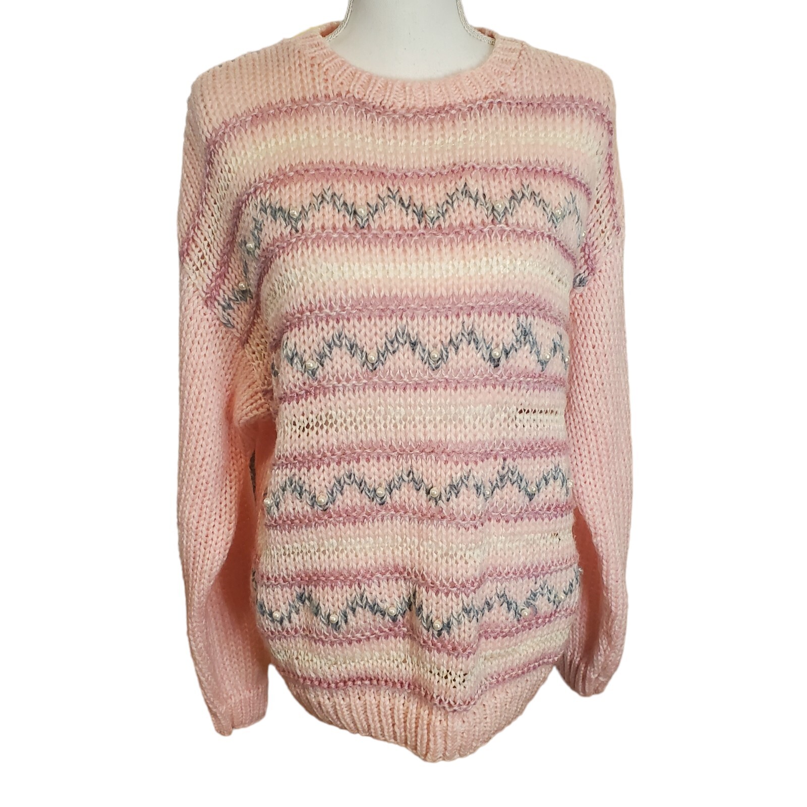 Vintage 80s Pastel Baby Pink Handknit Chunky Sweater Oversized Striped Soft Girl