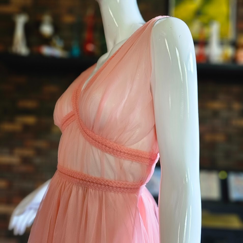 Vtg 60s Candy Pink Sheer Double Chiffon Grecian Pinup Nightie Pajama Dress S/M