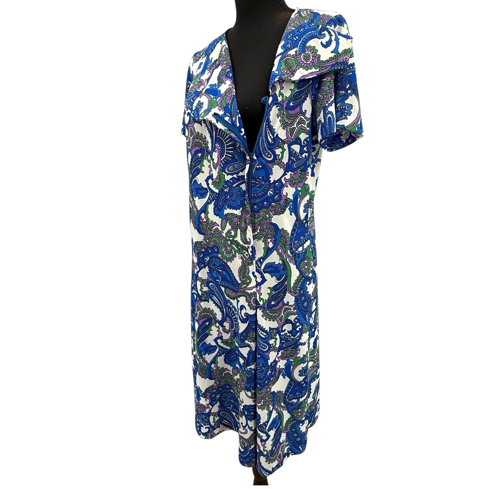 Shelton Stroller Dress Women 60s White Blue Paisley Print Flower Front Zip